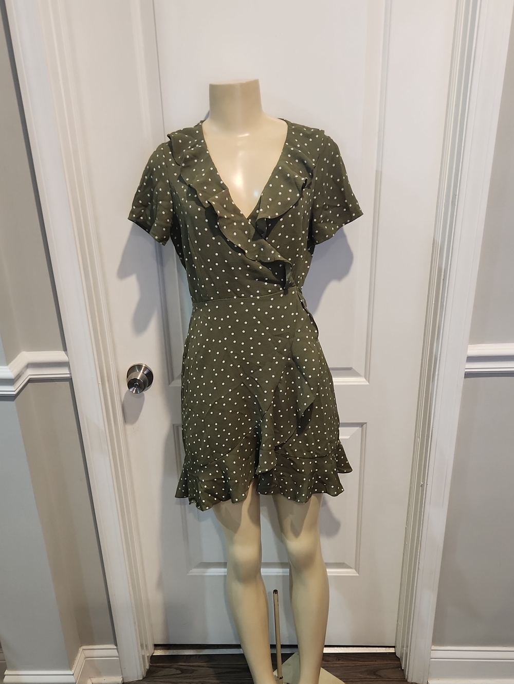 Forever 21 Olive Green Polka Dot Ruffle Wrap Mini Dress